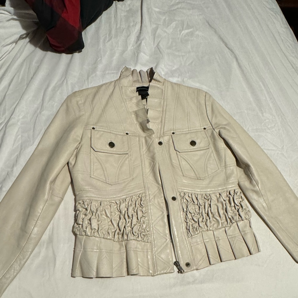 Real Leather Ruffle Beige Moto International Jacket
